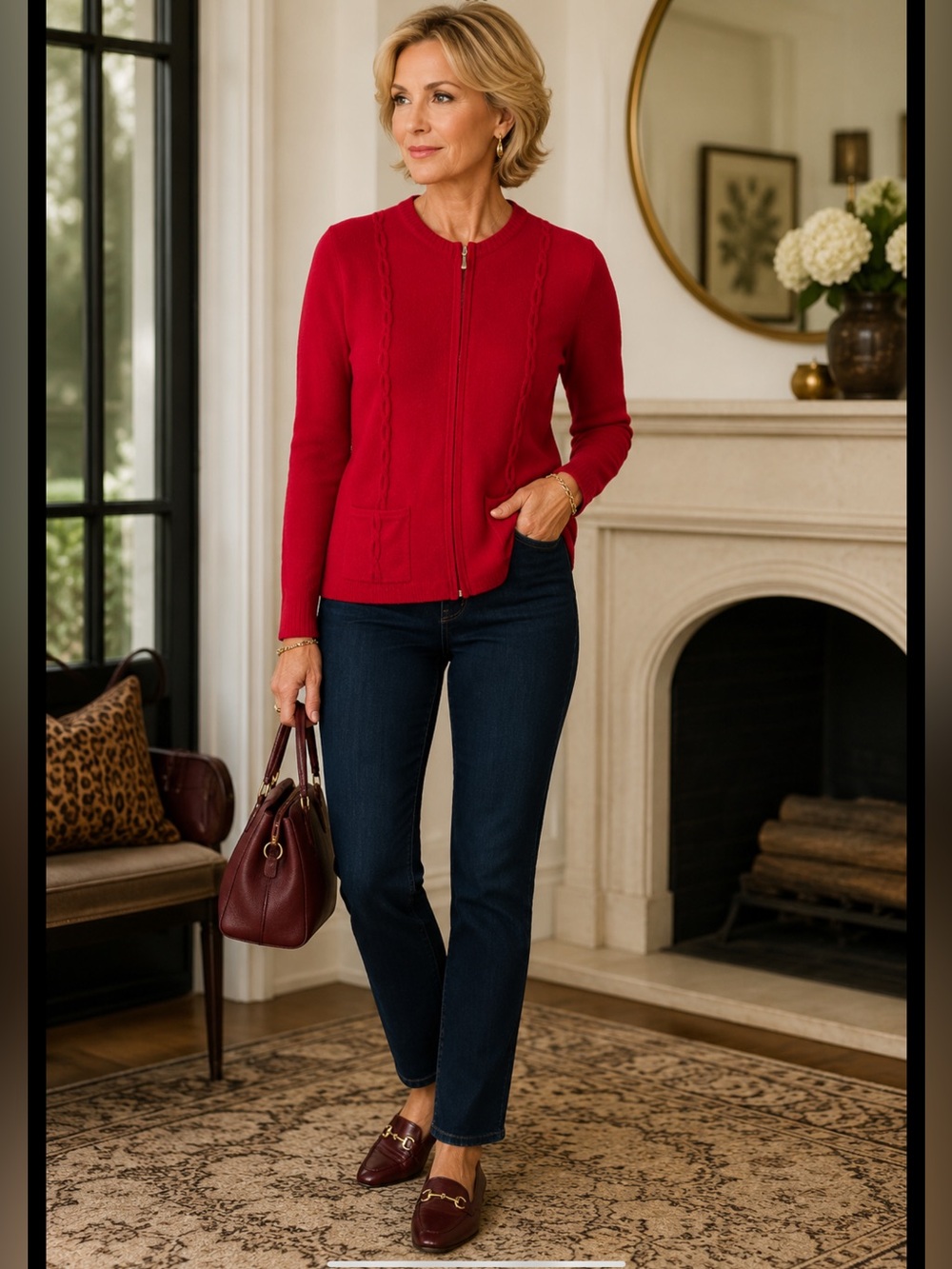 Vintage Lord & Taylor 100% Cashmere Zip Cardigan Sweater Red Cable Knit M
